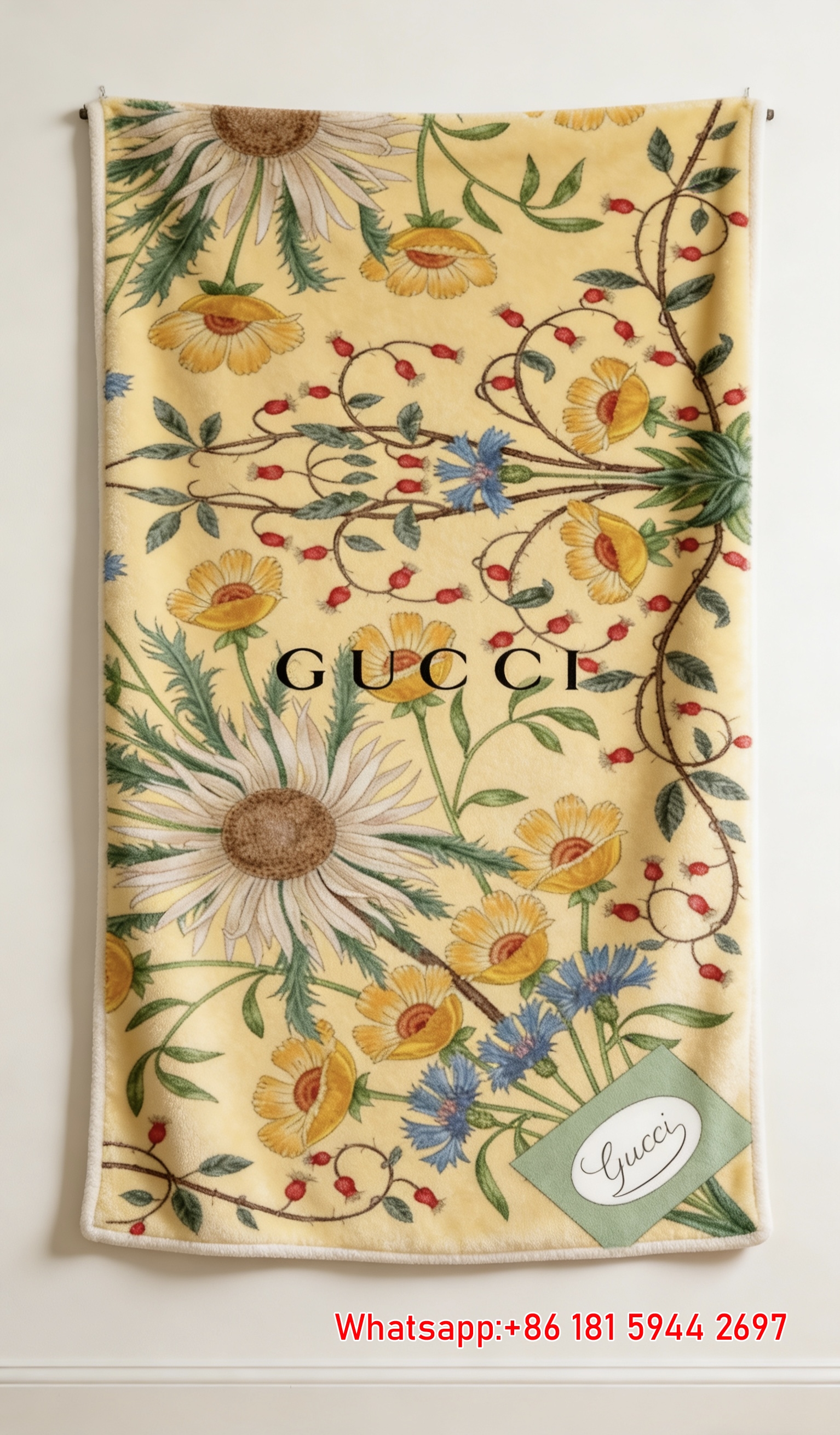 Gucci Yellow Botanical Floral Flannel Blanket Wall Hanging throw blanket IMG_2403